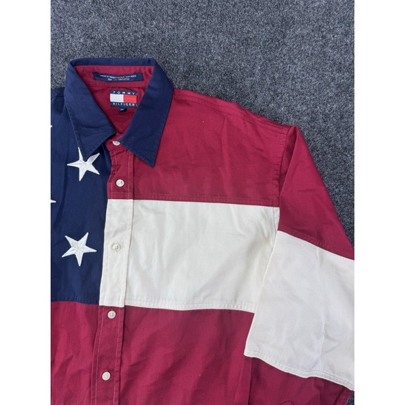 VTG Tommy Hilfiger Flag Shirt M/L USA Stars Stripes Button Up 100% Cotton Rare - Picture 2 of 8